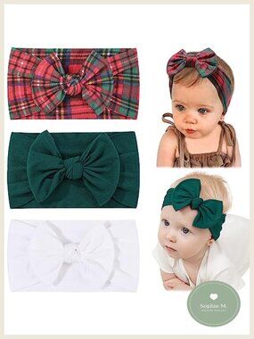 Christmas Bows Baby Girls Headbands Soft Nylon Newborn Infant 3Pc Set